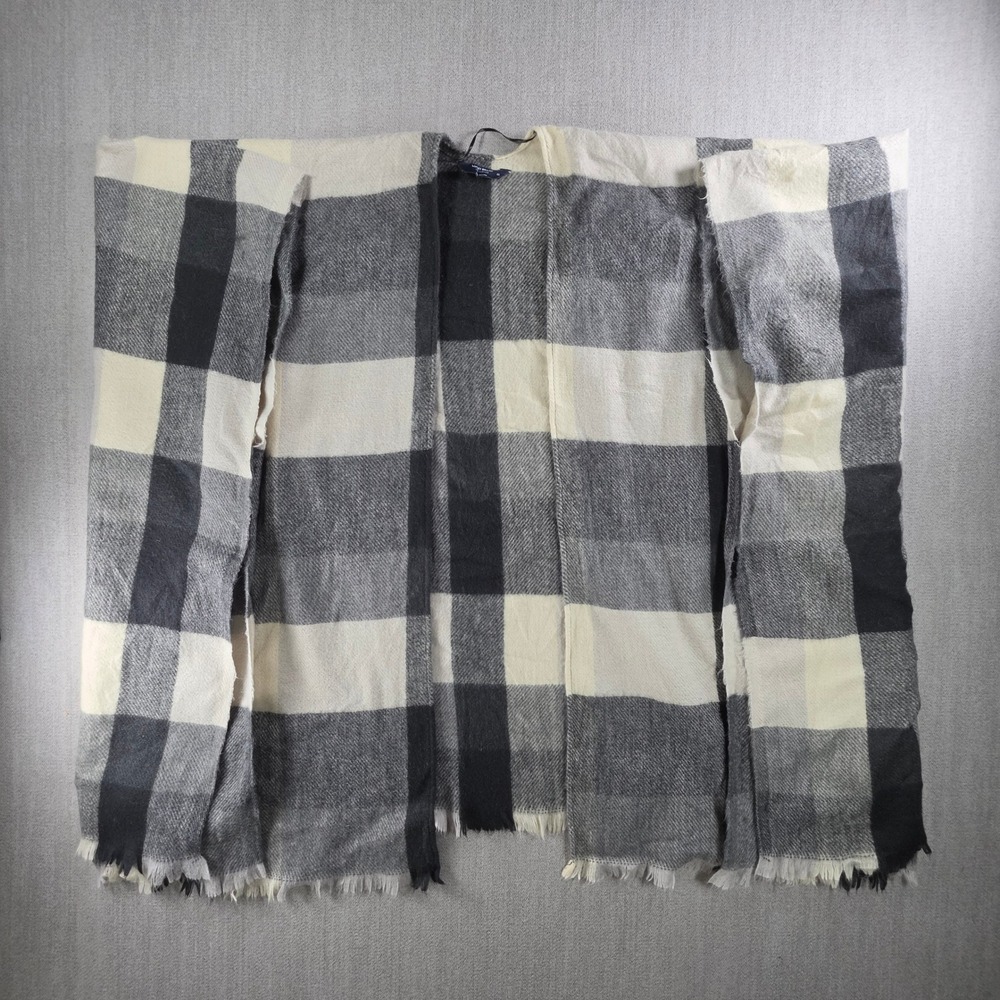 Lucky Brand Poncho Wrap Women OS Grey Plaid Open Front Fringe Shawl
